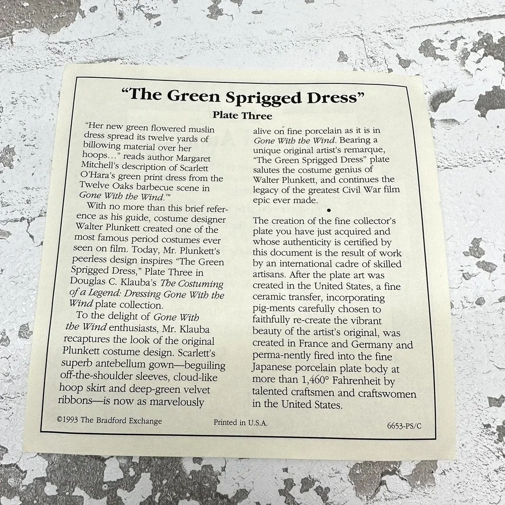 Vintage Bradford Exchange Green Sprigged Dress‎ Gone With Wind Plate COA 1993